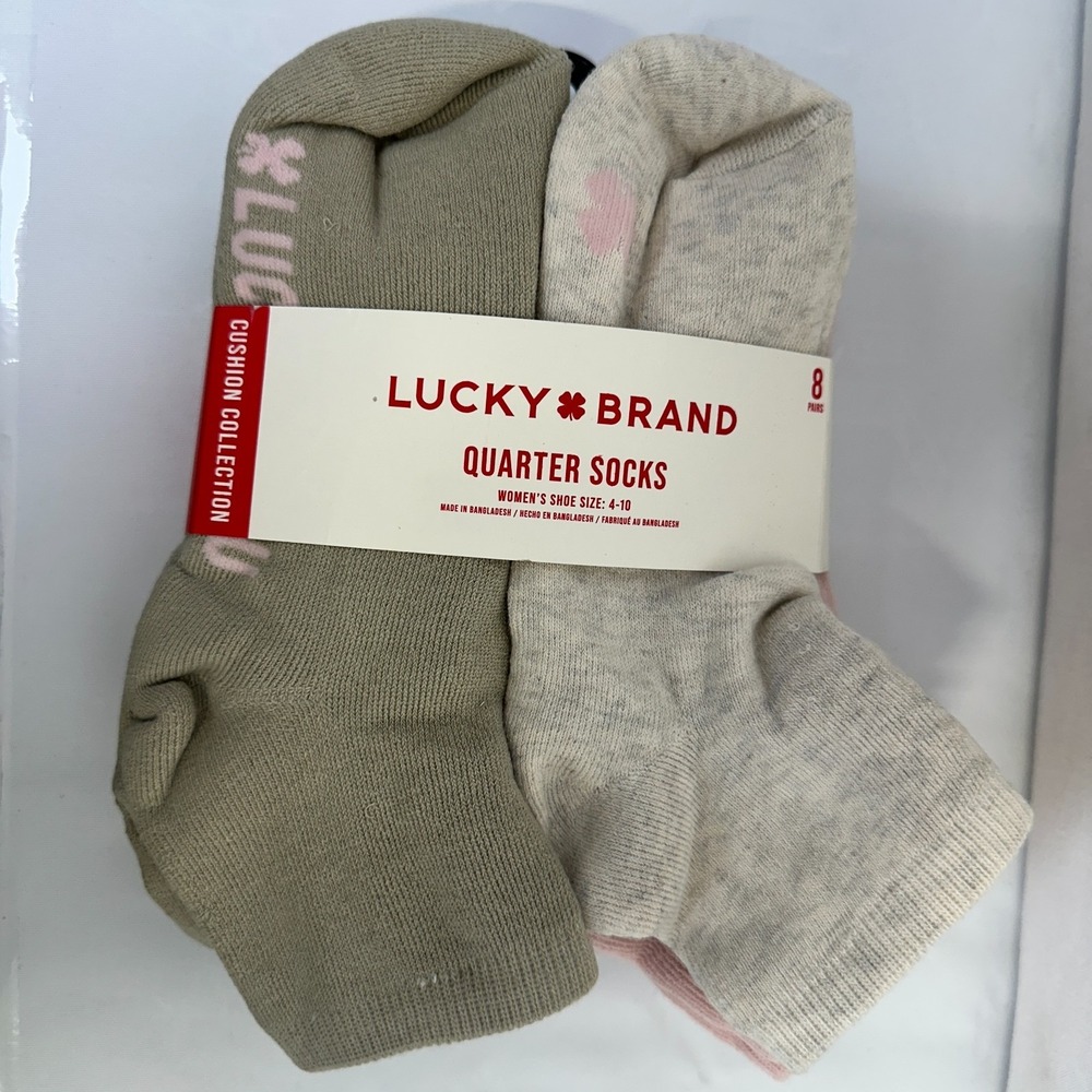Lucky Brand Women Cushion Collection Quarter Socks 8 Pack Pink Beige Size 4-10